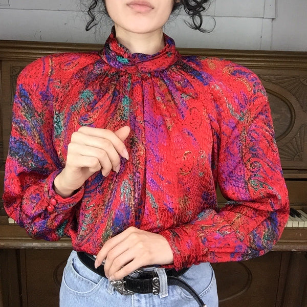 Vintage 80s | Red Silky Abstract Snakeskin Print Secretary Blouse | Size 8P