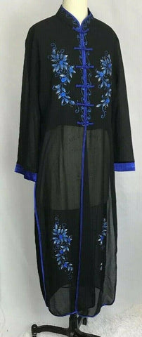 VTG Vintage Kimono Robe Long Black Sheer Blue Glitter Metallic Floral Mandarin