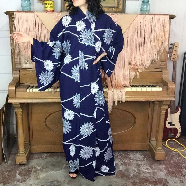 Vintage Japanese Cotton Navy Blue & White Floral Kimono
