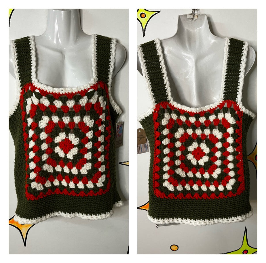 Vintage 70s | Groovy Granny Square Crochet Hippie Boho Afghan Top | Free Size