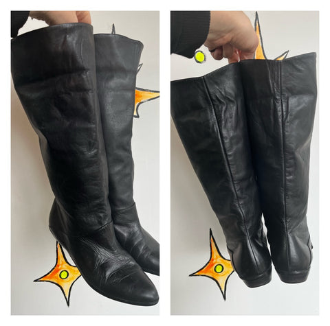 Vintage 80s | Black Leather Slouchy Boots | Size 8 M