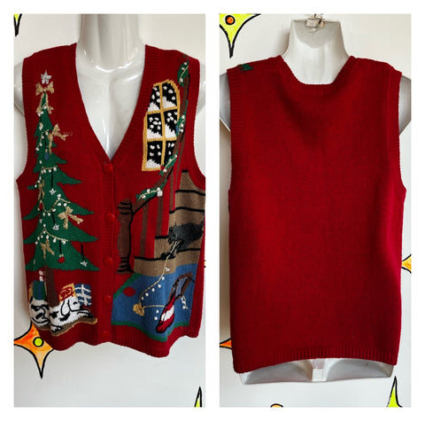 Vintage | Red Appliqued Tacky Ugly Christmas Sweater Vest | Size M