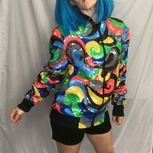 VTG 80s 90s Fully Sequined Beaded Silk Wild Abstract Colorful Bomber Jacket | S