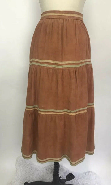 VTG Burnt Orange Suede Leather Southwest Western Rodeo Skirt Indian Princess 7/8