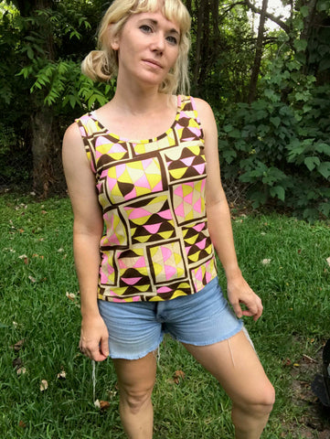 Vintage 60s 70s | Novelty Op Art Psychedelic Tank Top Mod Boho Disco Blouse | S