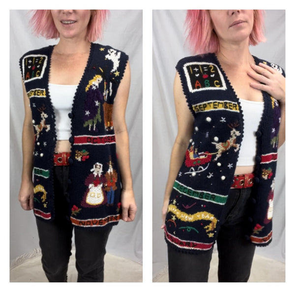 Vintage 80s 90s Hand Knit Festive Tacky Ugly Christmas Sweater Oversized Vest S