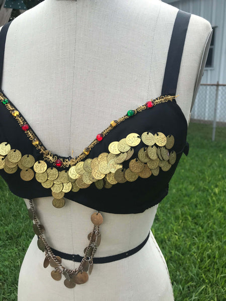 Vintage 70s | Boho Hippie Gypsy Bellydance Coin Bralette Bra Crop Top | S | 34B