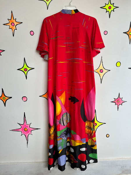 Vintage 1970s | Red Psychedelic Art Kaftan Muumuu Robe Gown Dress | M