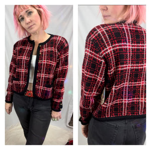 Vintage 80s 90s | Boxy Cropped Red Tartan Plaid Christmas Sweater Cardigan | S