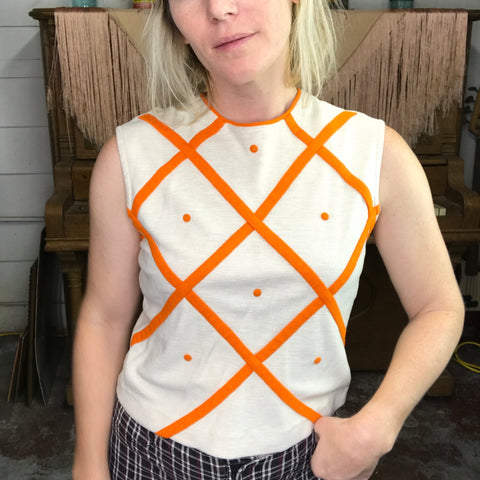 Vintage 60s | MOD Space Age Geometric Orange Sleeveless Knit Crop Top | S