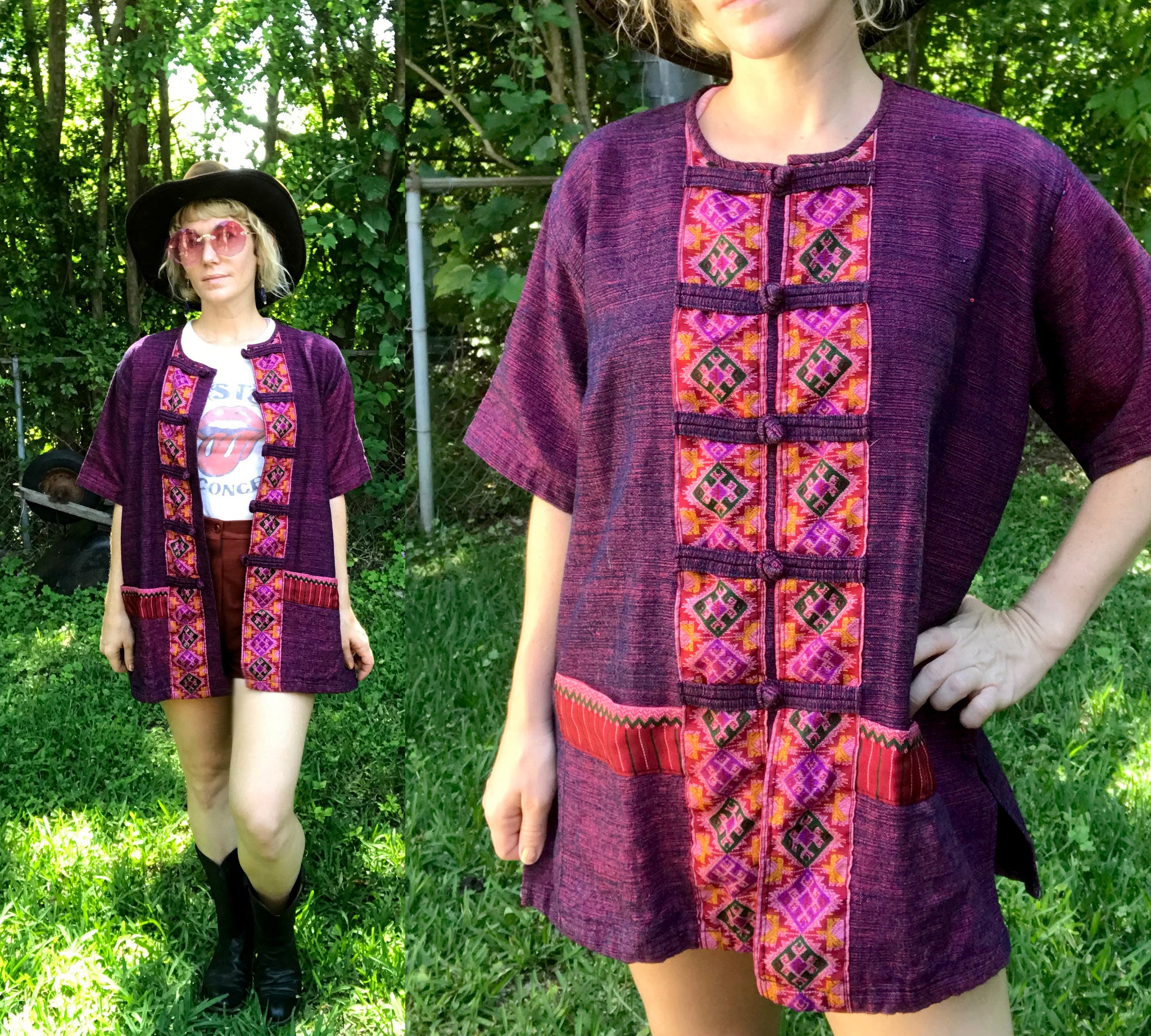 VTG Vintage 70s Purple Ethnic African Hippie Boho Festival Tunic Dashiki Shirt Top Blouse | M