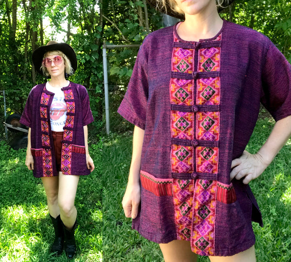 VTG Vintage 70s Purple Ethnic African Hippie Boho Festival Tunic Dashiki Shirt Top Blouse | M