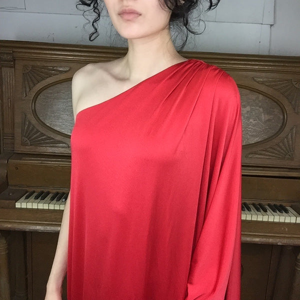 Halston Red Draped Grecian Goddess One Sleeve Boho Disco Party Maxi Dress | XS