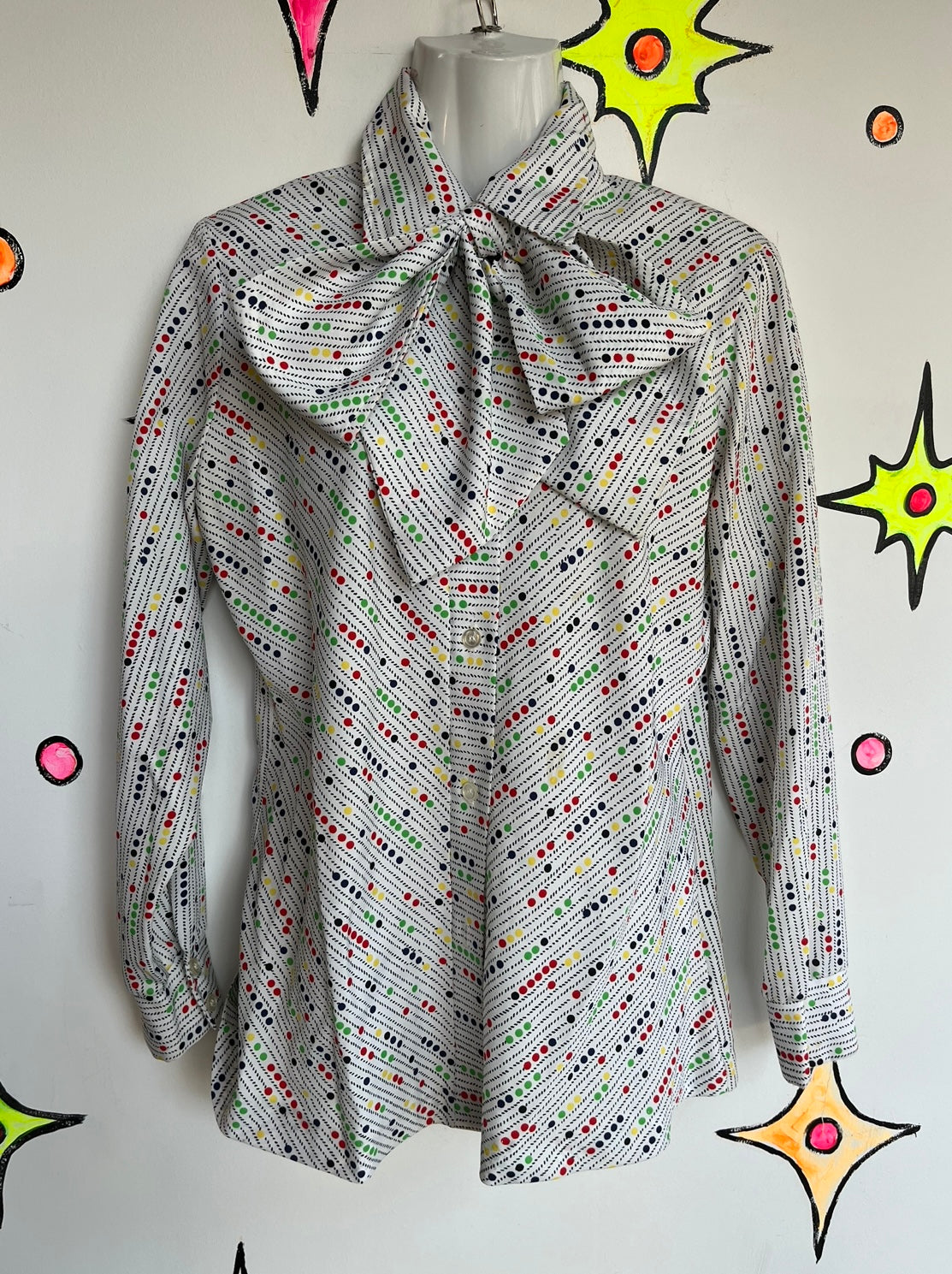 Vintage 70s | Rainbow Polka Dot Bow Tie Secretary Blouse Shirt Top | ML