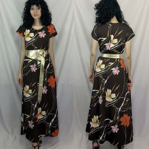 Vintage 1970s | Brown Floral MOD Groovy Hippie Hawaiian Maxi Dress | Size S-M