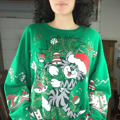 Vintage 80s | Cat Puffy Paint Ugly Christmas Sweatshirt Sweater | L/XL