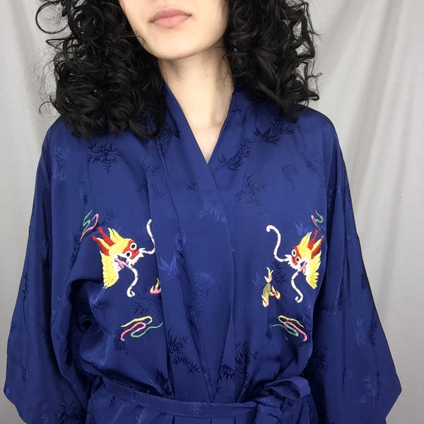 Vintage | Blue Kimono Dragon Robe Embroidered Boho Festival Chinese Geisha