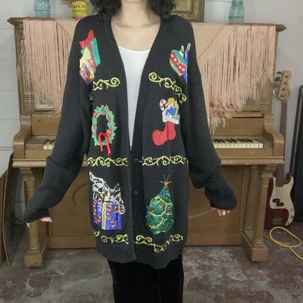Vintage | Patchwork Christmas Sweater Cardigan | Woman’s Size L