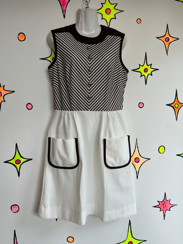 Vintage 1960s 70s | Groovy Brown & White GoGo Mod Mini Dress | Size L