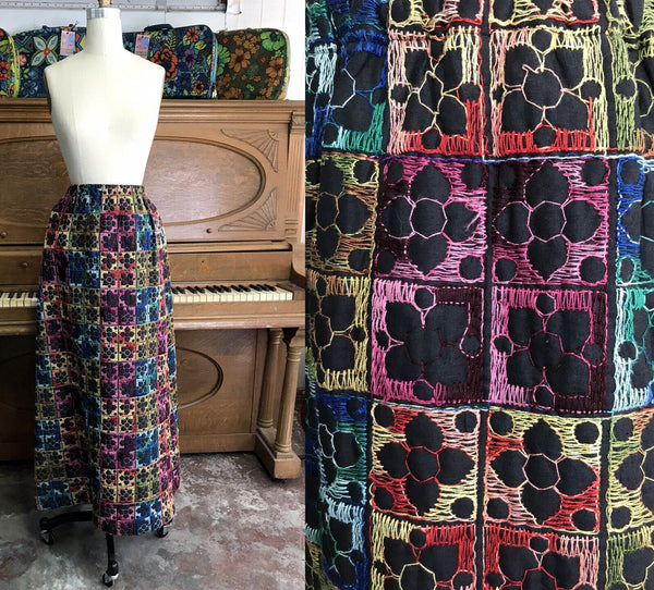 Vintage | 60s 70s Embroidered Mexican Maxi Skirt Hippie Festival Boho Handmade S