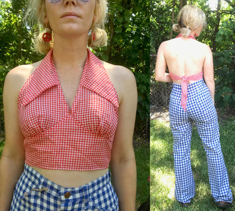 Vintage 70s | Groovy Red Gingham Boho Hippie Halter Bralette Crop Top | XS 32 A