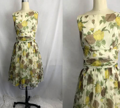 1950s Floral Full Chiffon Overlay Skirted Swing Dress Cocktail Party Prom Dress ML