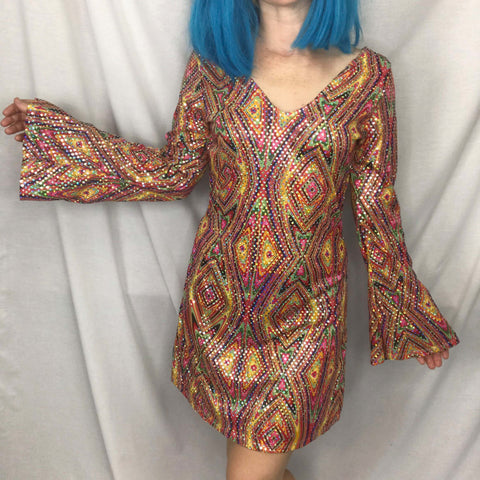 Vintage 60s 70s | MOD GoGo Psychedelic Groovy Bell Sleeve Disco Mini dress | M/L