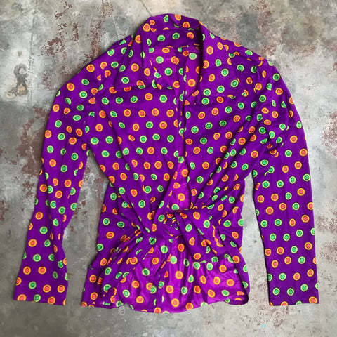 Vintage 60s 70s | Purple Novelty Psychedelic Mod Boho Disco Blouse Shirt Top | L