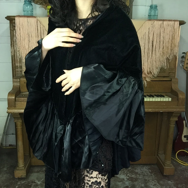 Vintage Black Velvet & Satin Ruffle Gothic Witchy Bohemian Shawl