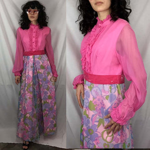 Vintage 60s 70s MOD Go Go Groovy Pink Floral Psychedelic Bellbottom Jumpsuit S