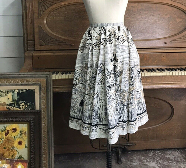 Folk Mexican Tiki Cotton | Black White Art Sequin Beaded | Circle Skirt Pin Up 6