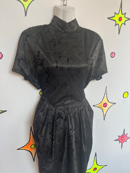 Vintage 80s does 40s | Black and Gold Dolman Cut Out Back Party Dress | Size S