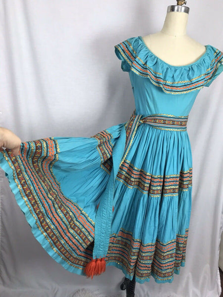 Vintage 40s Patio Squaw Dress Blue Cotton Ric Rac Gold Trim Pinup Swing 1940s