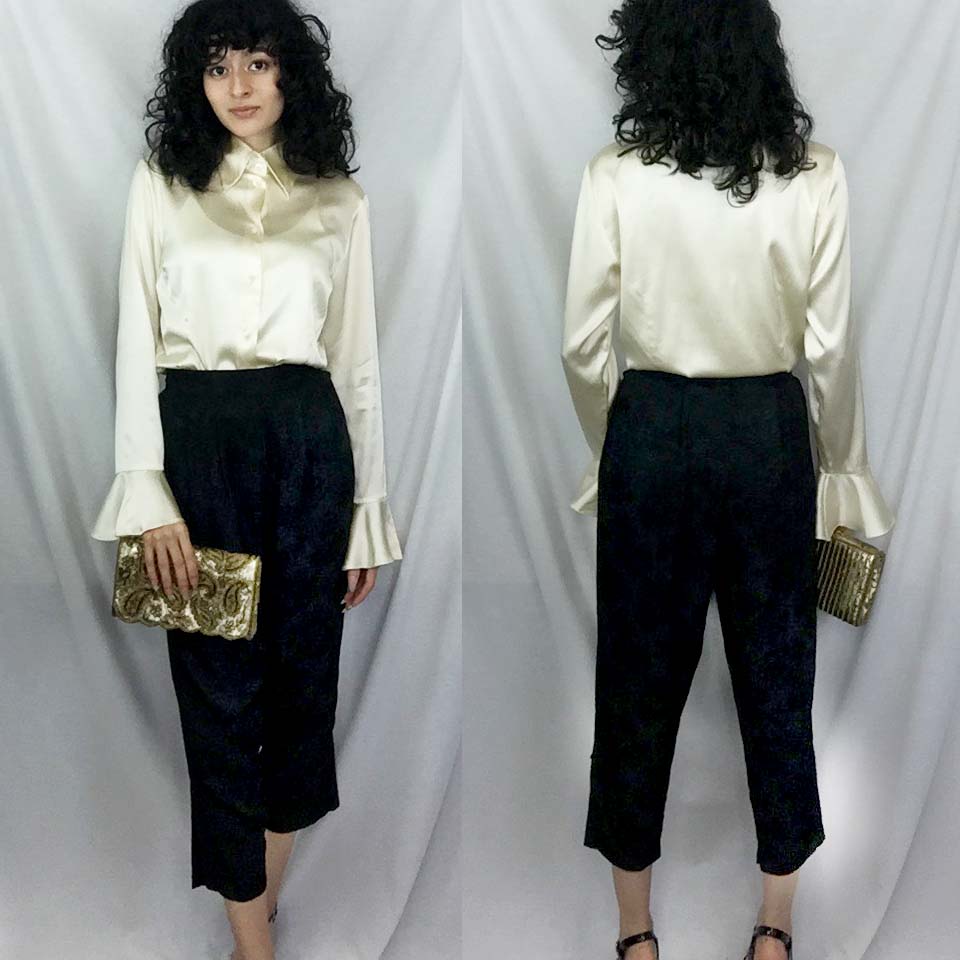 Vintage | Black Floral Silk High Waisted Matador Pants | Size XS