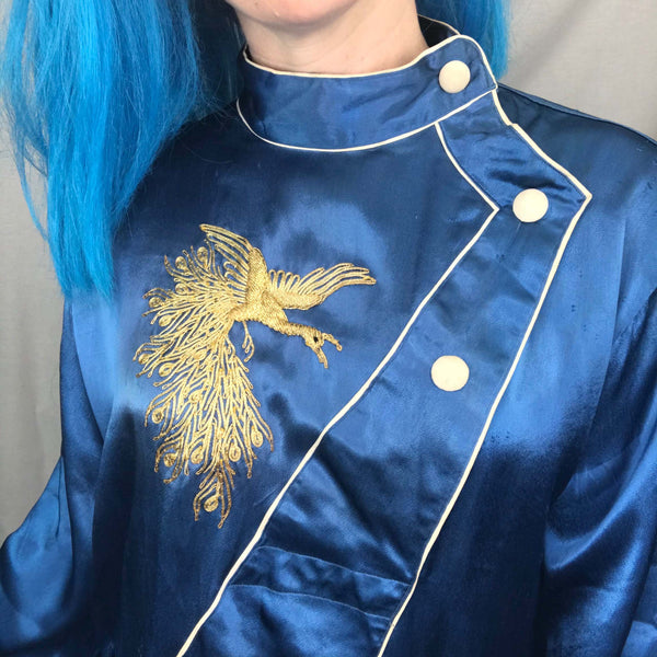 Vintage Asian Blue Gold Peacock Geisha Embroidered Kimono Bell Sleeve Blouse | L