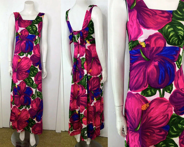 Vintage 60s Mod Cotton Barkcloth Hawaiian Magenta Pink Psychadelic Maxi Dress 6