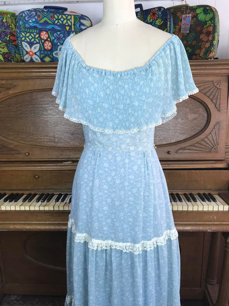 Vintage Blue Ruffle Gunne Sax Style Festival Prairie Dress Cotton Lace Sweet Boho Hippy Small