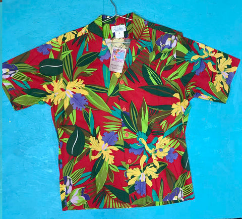 VTG Hawaiian Surfline Bright Colors Tropical Floral Button Down Vacation Shirt M