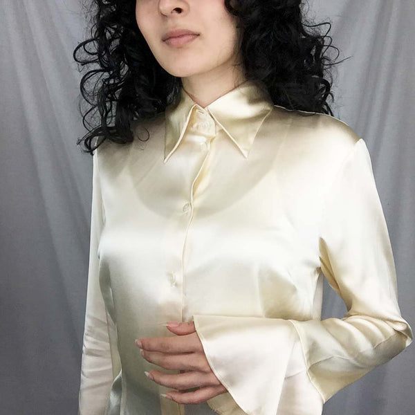 Vintage 90s | Lord and Taylor Silk Ivory Statement Bell Sleeve Blouse | S