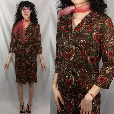 Vintage 1970s 70s | Red Paisley Boho Groovy GoGo Disco Mod Party Mini Dress | M