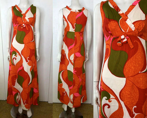 Vintage 60s Mod Cotton Barkcloth Hawaiian Pink Orange Psychadelic Maxi Dress S