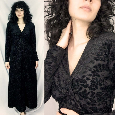 Vintage 90s | Black Velvet Goth Maxi Gown Dress | S/M