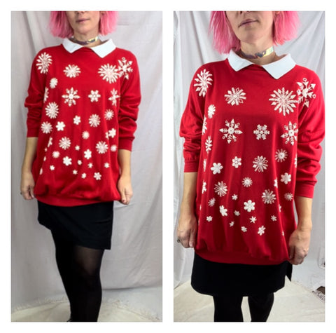 Vintage 80s 90s | Red Puffy Paint Snowflake Ugly Christmas Sweater | Free Size