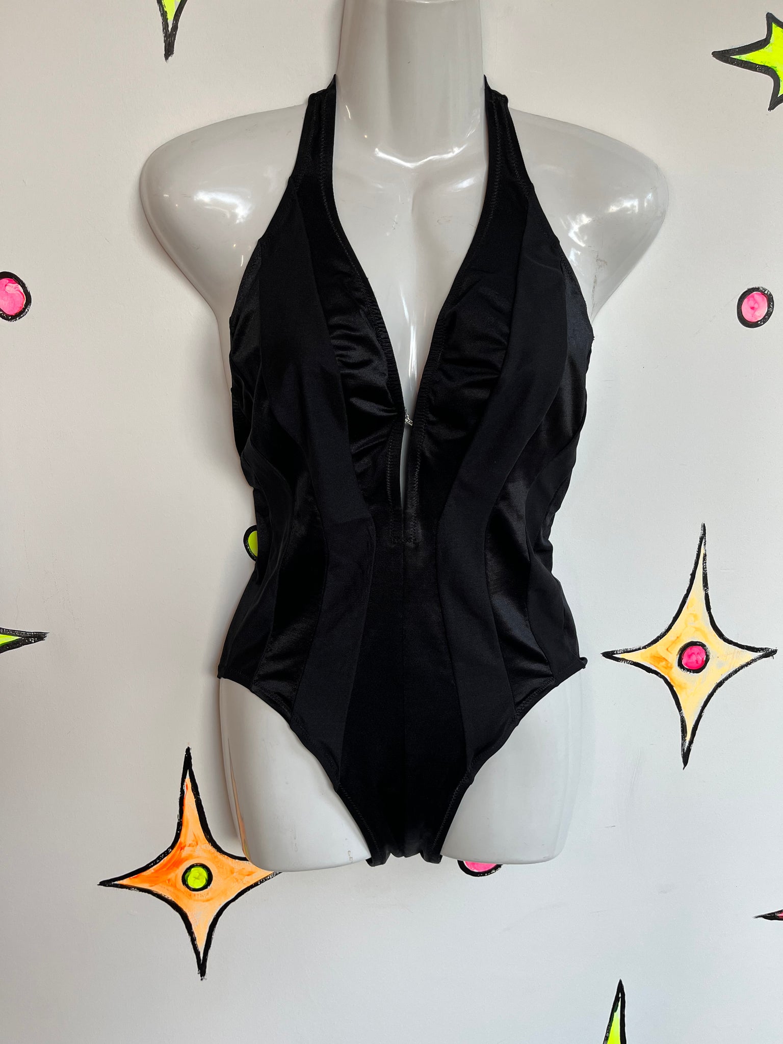 Vintage 70s Black Plunging One Piece Swimsuit Bodysuit Bathing Suit | Small