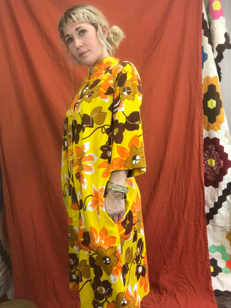 Vintage 60s 70s | Psychedelic Day Glo Hawaiian Bohemian MOD Kaftan MuuMuu Dress