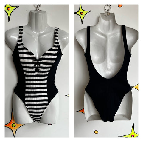 Vintage 80s 90s | Navy Striped Sailor One Piece High Cut Swimsuit Bodysuit | S