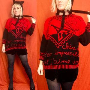 Vintage 80s | Paris Souvenir Abstract Print Red Chunky Cropped Sweater