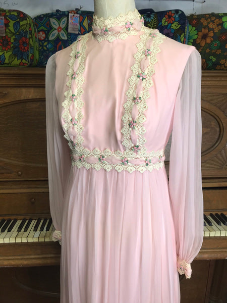 VTG 60s 70s | Boho Edwardian Prairie Dress Empire Sheer Ruffles Lolita Bows | XS
