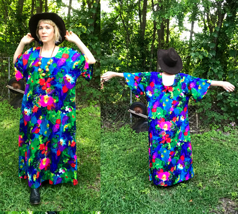 Vintage 70s | Caftan Kaftan Muumuu Boho Hippie Gown Summer Dress | Free Size