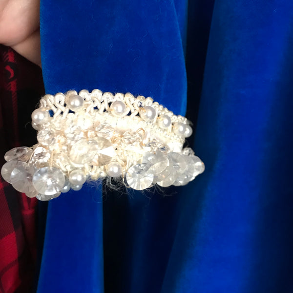 Vintage 60s | Bright Blue Velvet MOD Mini MCM Beaded Cocktail Party Dress | L